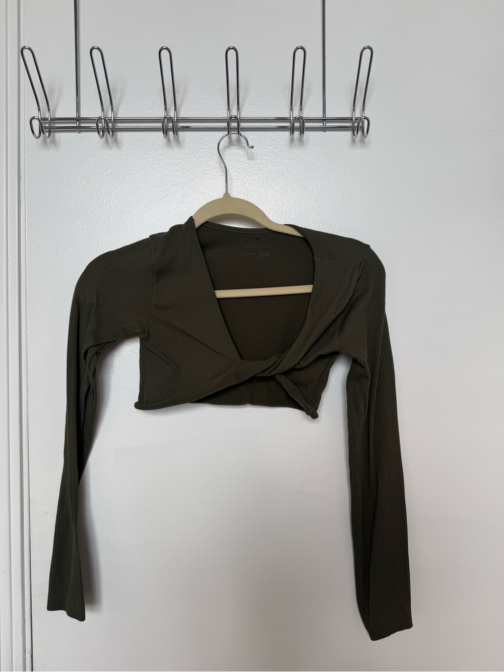 Garage Olive Ribbed Twist-Front Long Sleeve Crop Top